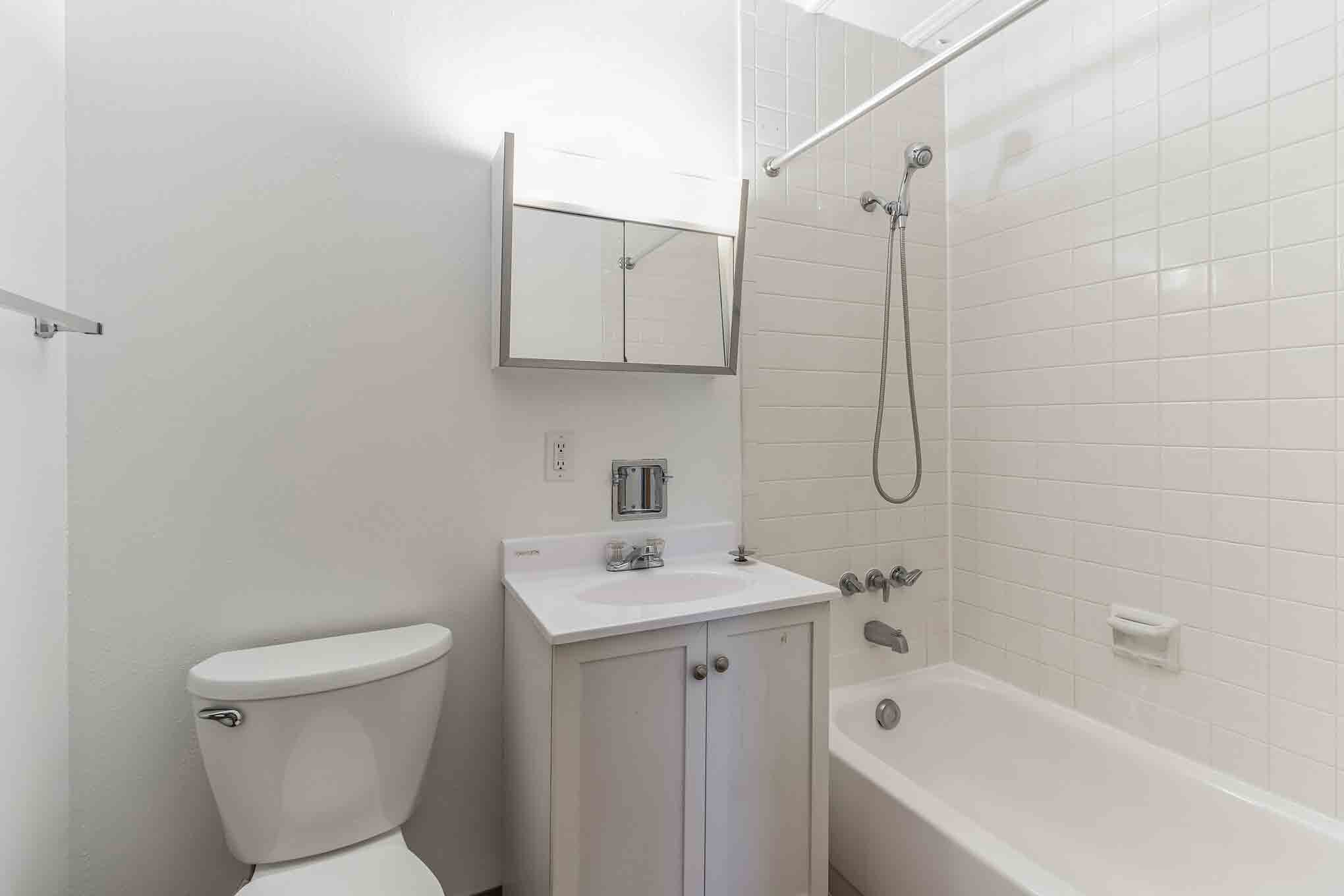 Bathroom at Hillcrest Bathroom at Hillcrest Apartments in Dubuque, IA with updated fixtures and bright design.